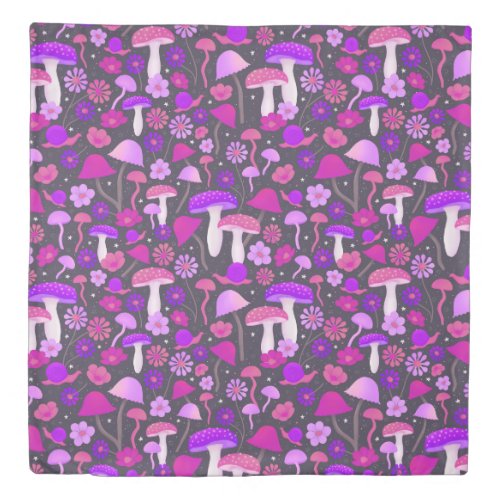 Trippy 1970s Mushrooms Pink Purple  Black Duvet Cover