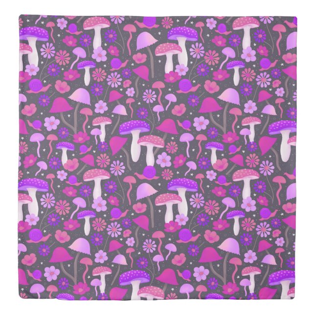 Trippy 1970s Mushrooms Pink, Purple & Black Duvet Cover (Front)