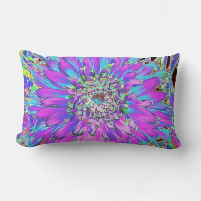 Trippy Abstract Aqua, Lime Green and Purple Dahlia Lumbar Pillow (Front)