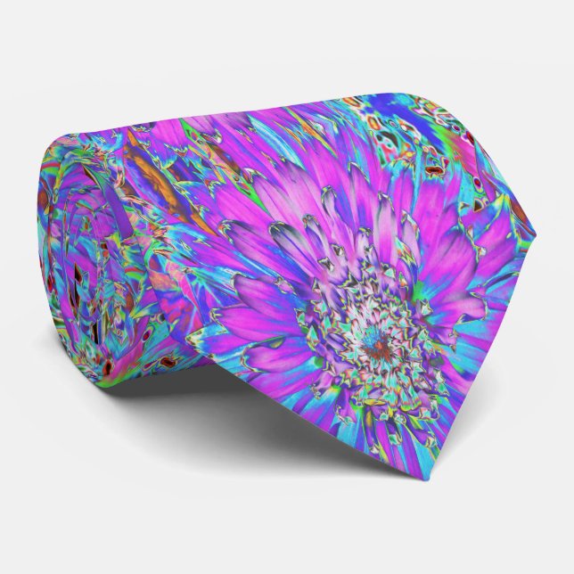 Trippy Abstract Aqua, Lime Green and Purple Dahlia Neck Tie (Rolled)