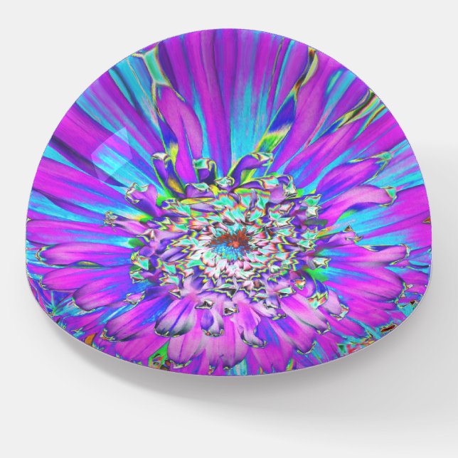Trippy Abstract Aqua, Lime Green and Purple Dahlia Paperweight (Angled)