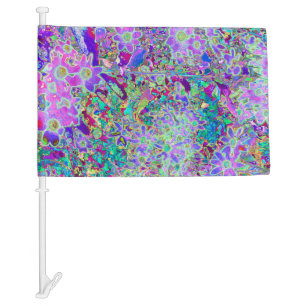 Trippy Abstract Pink and Purple Flowers Car Flag