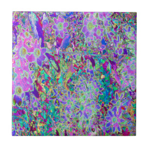 Trippy Abstract Pink and Purple Flowers Ceramic Tile