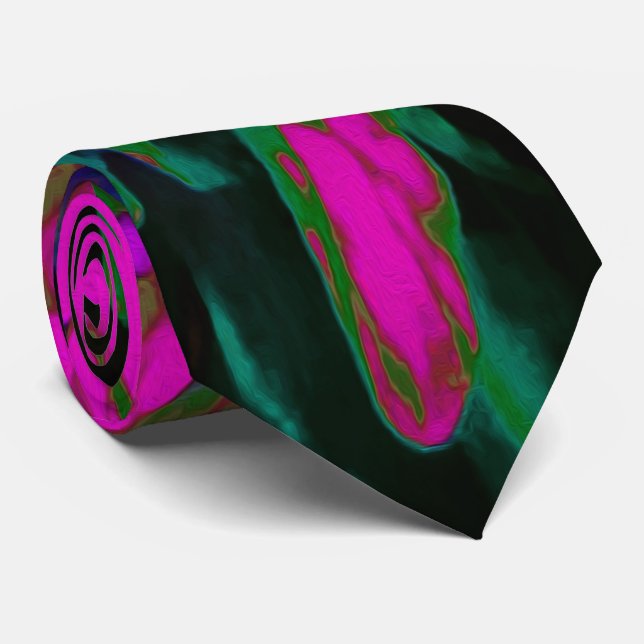 Trippy Abstract Retro Hot Pink and Black Flower Neck Tie (Rolled)