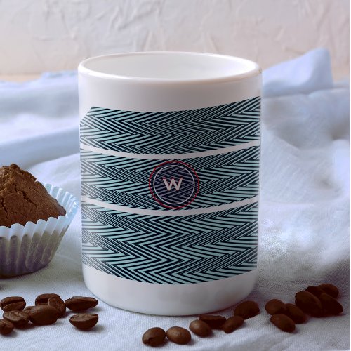 Trippy Abstract Teal  White Stripes Monogramed Coffee Mug