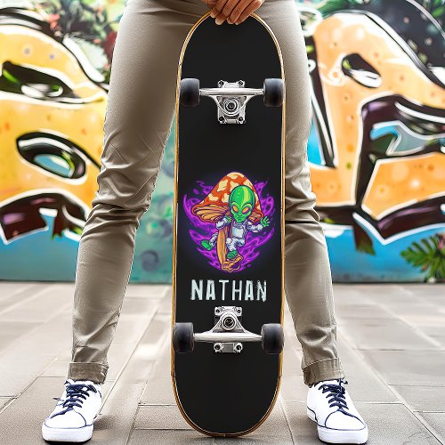 Trippy Alien Mushroom Personalized Name Skateboard