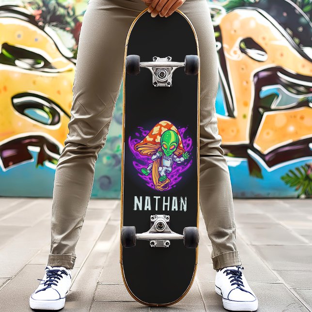 Trippy Alien Mushroom Personalized Name Skateboard (Creator Uploaded)