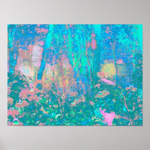 Trippy Aqua Sunrise with Psychedelic Flowers Poster