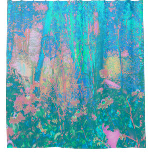 Trippy Aqua Sunrise with Psychedelic Flowers Shower Curtain