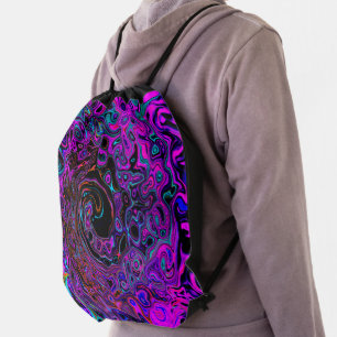 Trippy Black and Magenta Retro Liquid Swirl Drawstring Bag