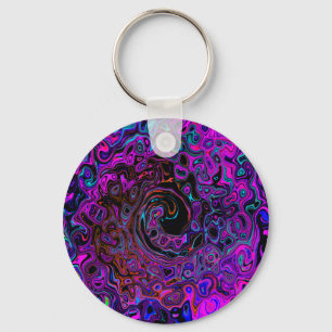 Trippy Black and Magenta Retro Liquid Swirl Keychain