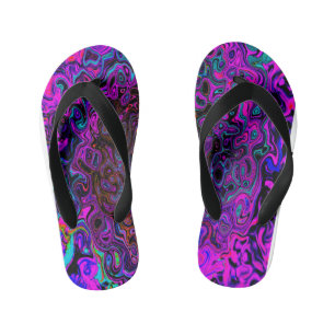 Trippy Black and Magenta Retro Liquid Swirl Kid's Flip Flops