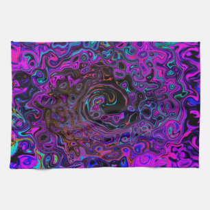 Trippy Black and Magenta Retro Liquid Swirl Kitchen Towel