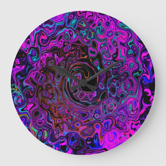Trippy Black and Magenta Retro Liquid Swirl Large Clock (Front)