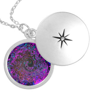 Trippy Black and Magenta Retro Liquid Swirl Locket Necklace