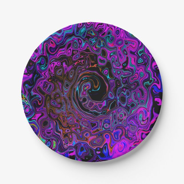 Trippy Black and Magenta Retro Liquid Swirl Paper Plates (Front)