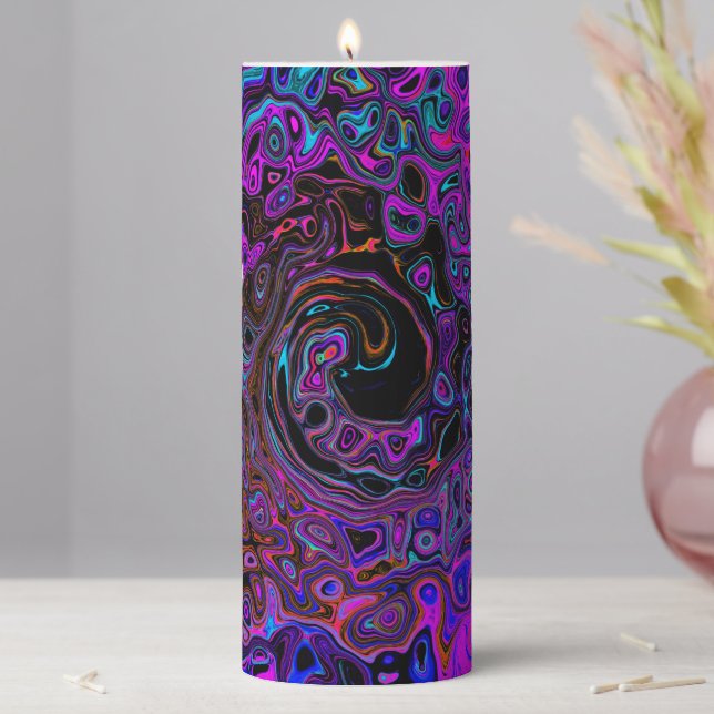 Trippy Black and Magenta Retro Liquid Swirl Pillar Candle (In Situ)