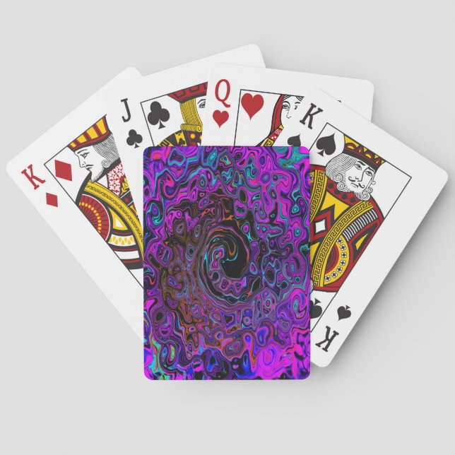 Trippy Black and Magenta Retro Liquid Swirl Poker Cards (Back)