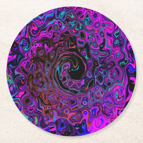 Trippy Black and Magenta Retro Liquid Swirl Round Paper Coaster