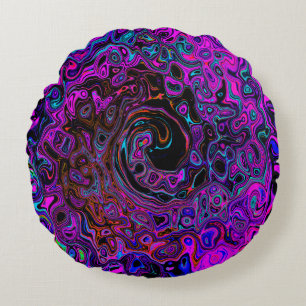 Trippy Black and Magenta Retro Liquid Swirl Round Pillow