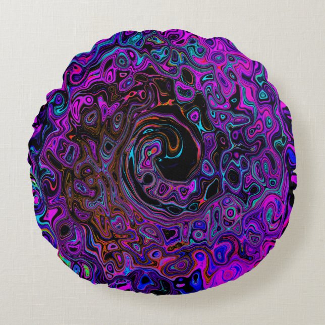 Trippy Black and Magenta Retro Liquid Swirl Round Pillow (Front)