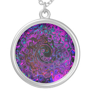 Trippy Black and Magenta Retro Liquid Swirl Silver Plated Necklace