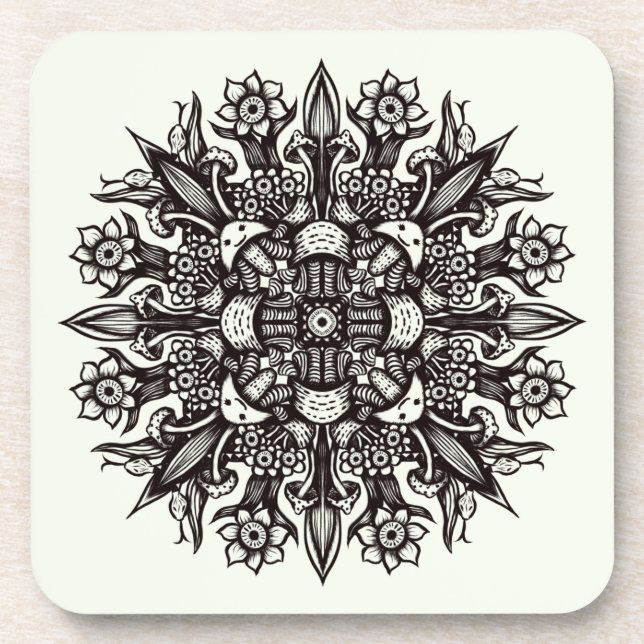 Trippy black and white cool psychedelic mandala beverage coaster (Front)
