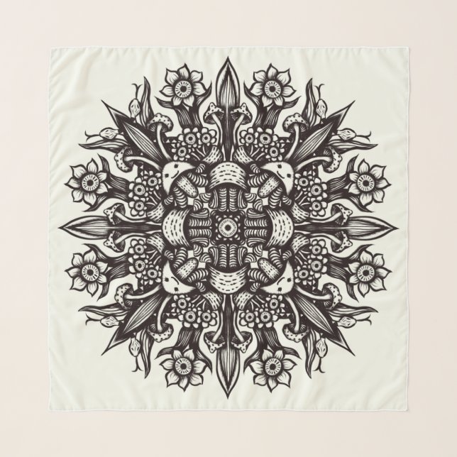 Trippy black and white cool psychedelic mandala scarf (Front)
