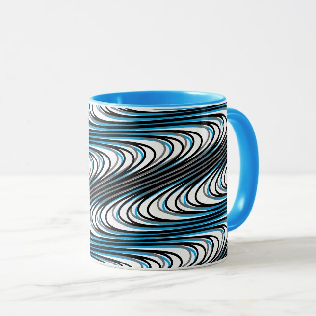 Trippy Black White Blue Wavy Stripes Abstract Cool Mug (Front Right)