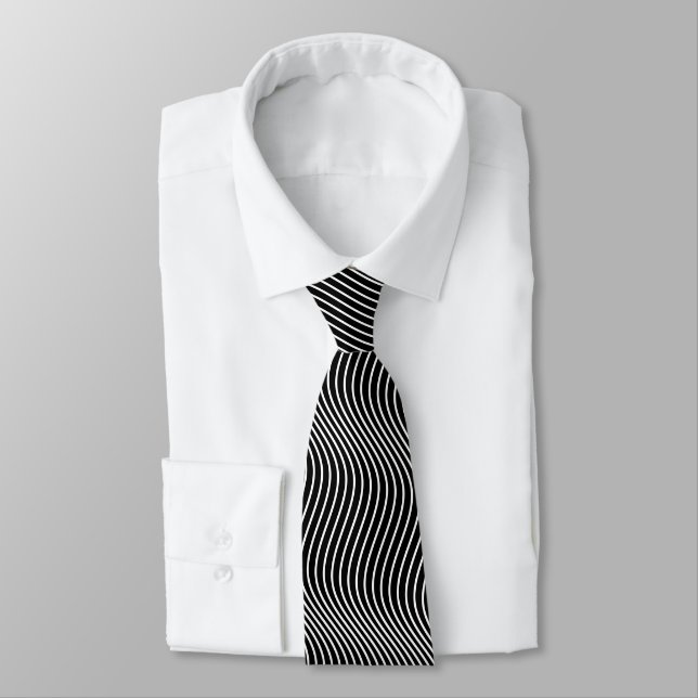 Trippy Black & White Wavy Stripes Cool Psychedelic Neck Tie (Tied)