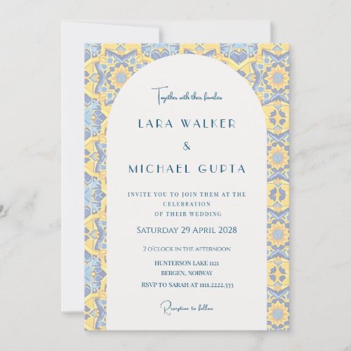 Trippy Bright Blue And Yellow Italian Tile Wedding Invitation