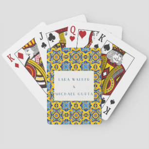 Trippy Bright Blue And Yellow Italian Tile Wedding Poker Cards