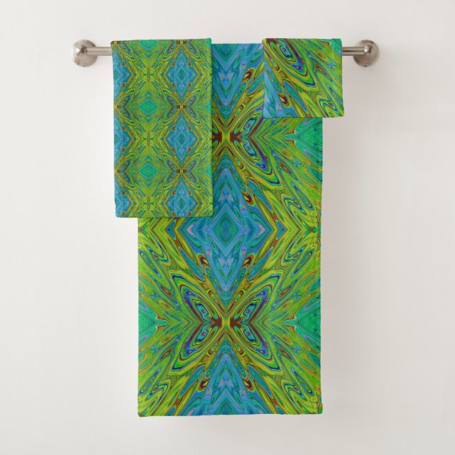 Trippy Chartreuse and Blue Abstract Butterfly Bath Towel Set (Insitu)