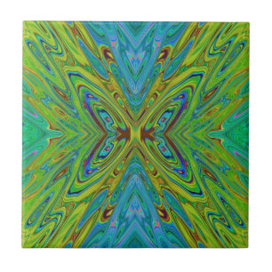 Trippy Chartreuse and Blue Abstract Butterfly Ceramic Tile