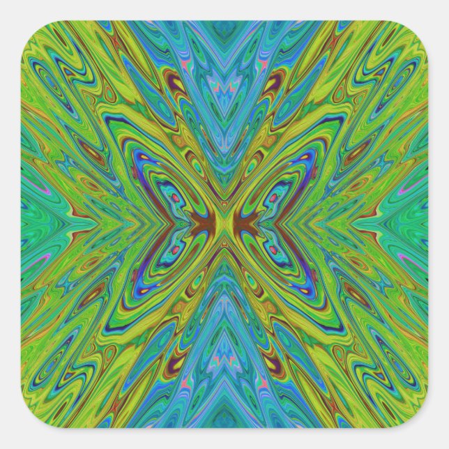 Trippy Chartreuse and Blue Abstract Butterfly Square Sticker (Front)