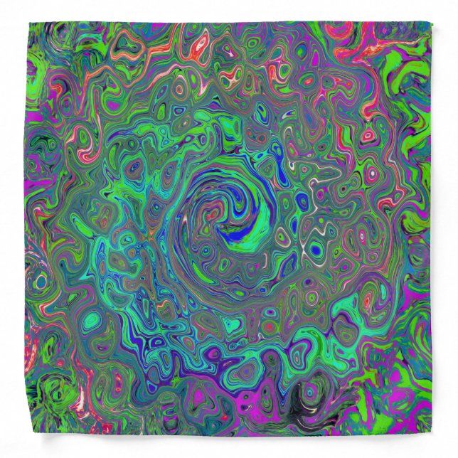 Trippy Chartreuse and Blue Retro Liquid Swirl Bandana (Front)