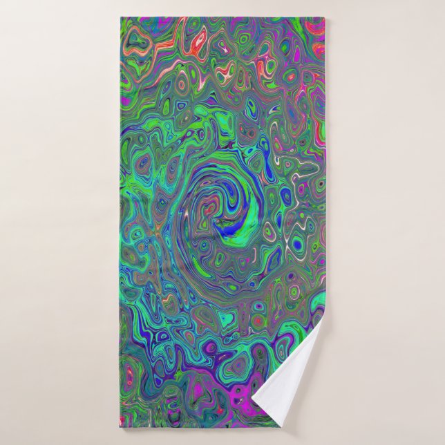 Trippy Chartreuse and Blue Retro Liquid Swirl Bath Towel (Bath Towel)