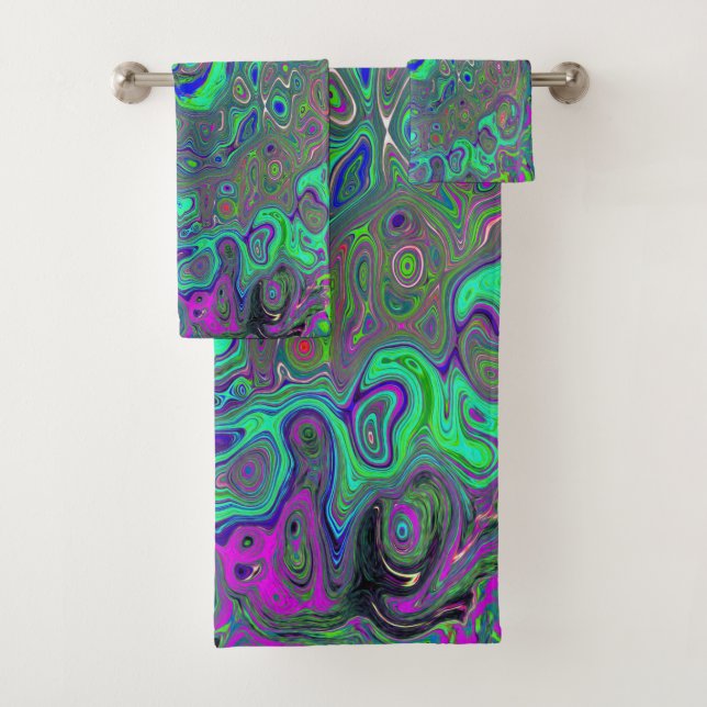 Trippy Chartreuse and Blue Retro Liquid Swirl Bath Towel Set (Insitu)
