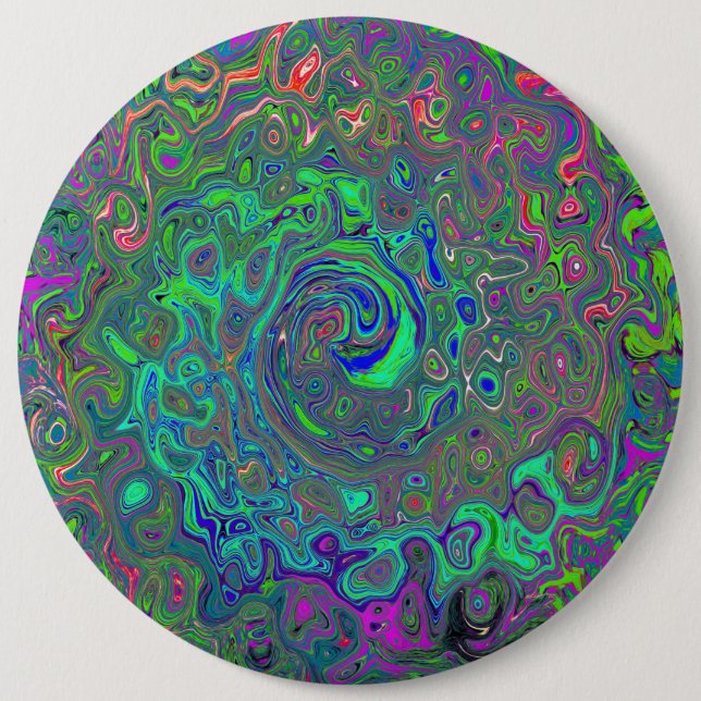 Trippy Chartreuse and Blue Retro Liquid Swirl Button (Front)