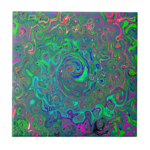 Trippy Chartreuse and Blue Retro Liquid Swirl Ceramic Tile