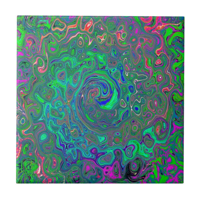 Trippy Chartreuse and Blue Retro Liquid Swirl Ceramic Tile (Front)