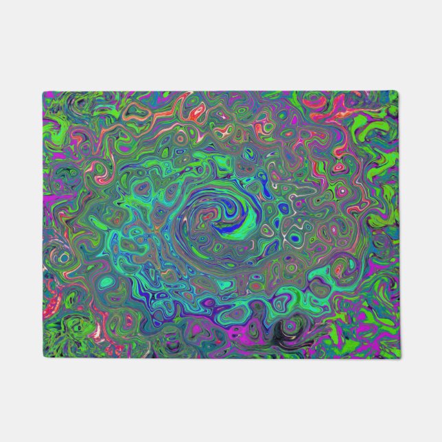 Trippy Chartreuse and Blue Retro Liquid Swirl Doormat (Front)