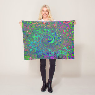 Trippy Chartreuse and Blue Retro Liquid Swirl Fleece Blanket