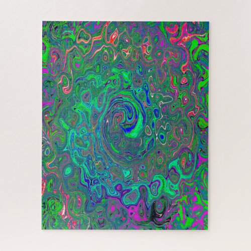 Trippy Chartreuse and Blue Retro Liquid Swirl Jigsaw Puzzle