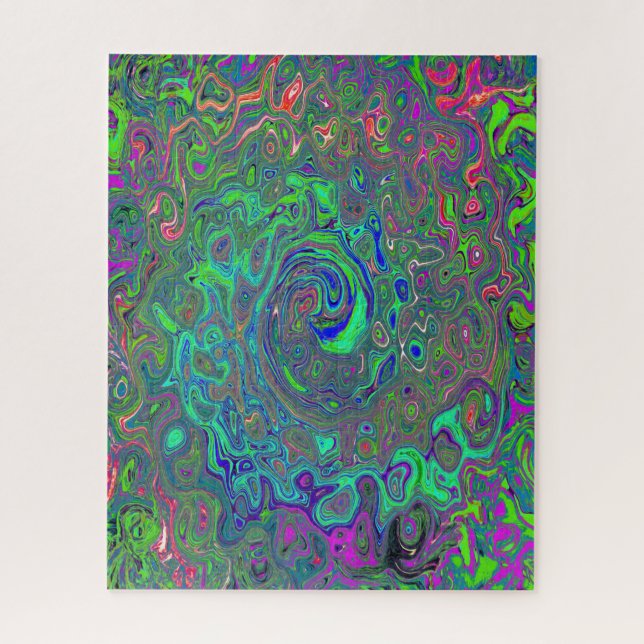 Trippy Chartreuse and Blue Retro Liquid Swirl Jigsaw Puzzle (Vertical)