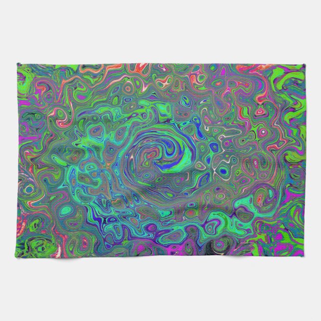 Trippy Chartreuse and Blue Retro Liquid Swirl Kitchen Towel (Horizontal)