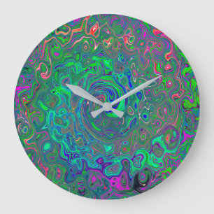 Trippy Chartreuse and Blue Retro Liquid Swirl Large Clock