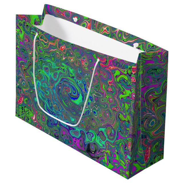 Trippy Chartreuse and Blue Retro Liquid Swirl Large Gift Bag (Front Angled)