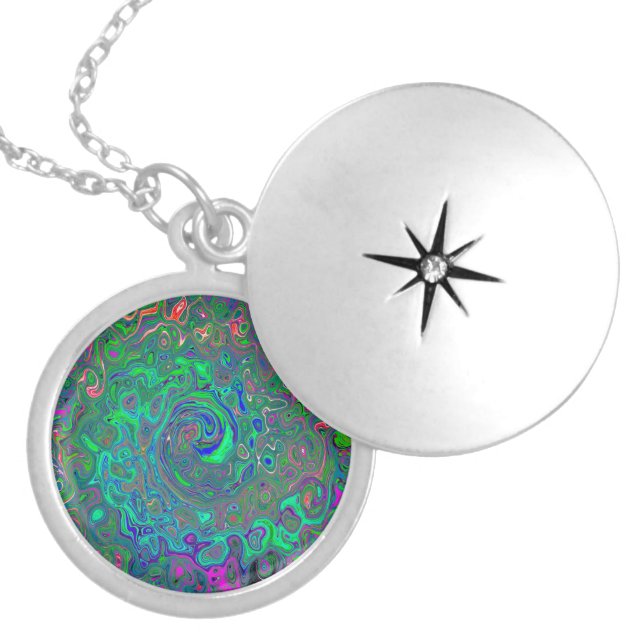 Trippy Chartreuse and Blue Retro Liquid Swirl Locket Necklace (Front)
