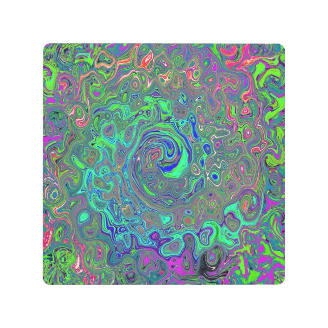 Trippy Chartreuse and Blue Retro Liquid Swirl Metal Print (Front)